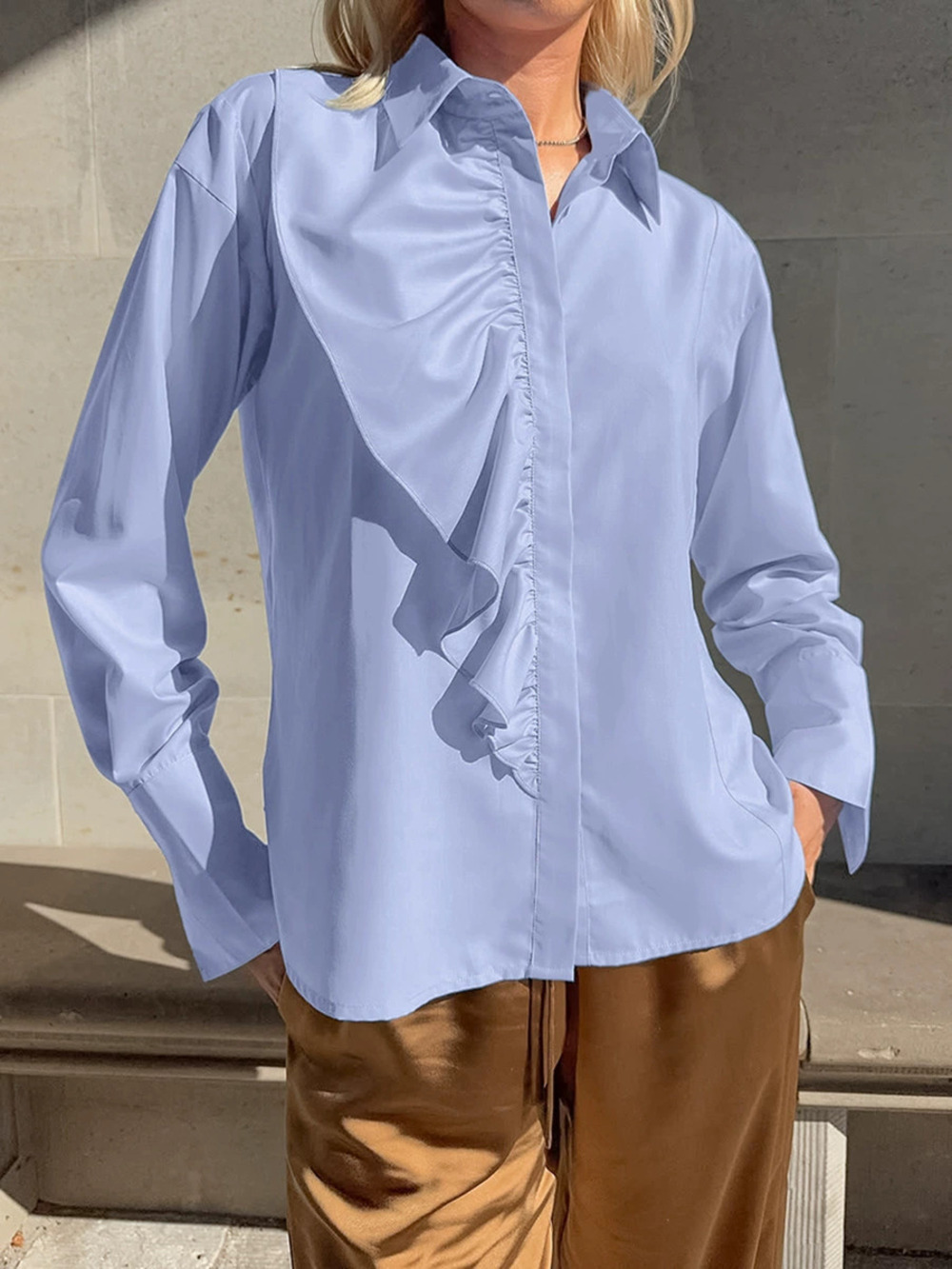 Forever 21 Blue Ruffle Notch Collar Blouse Office Spring